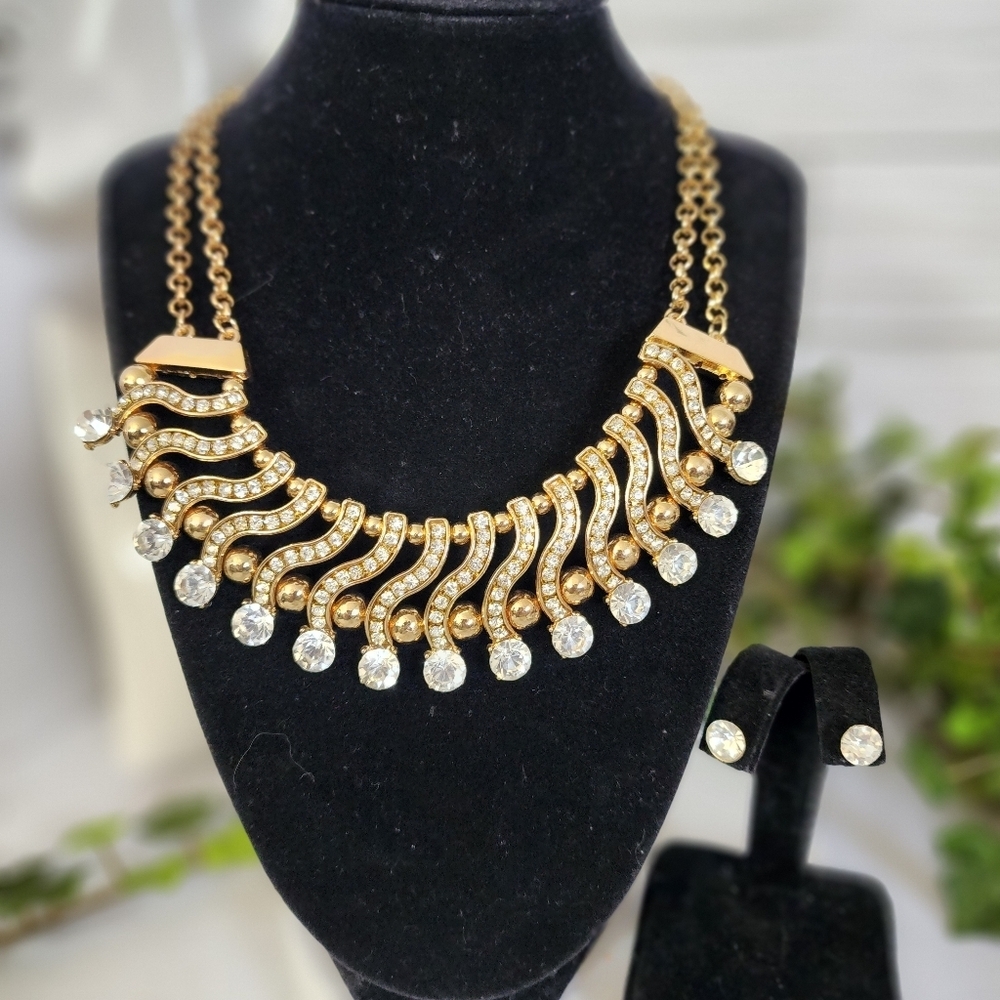 Glam Zirconia Gold Statement Necklace and Earrings Set
